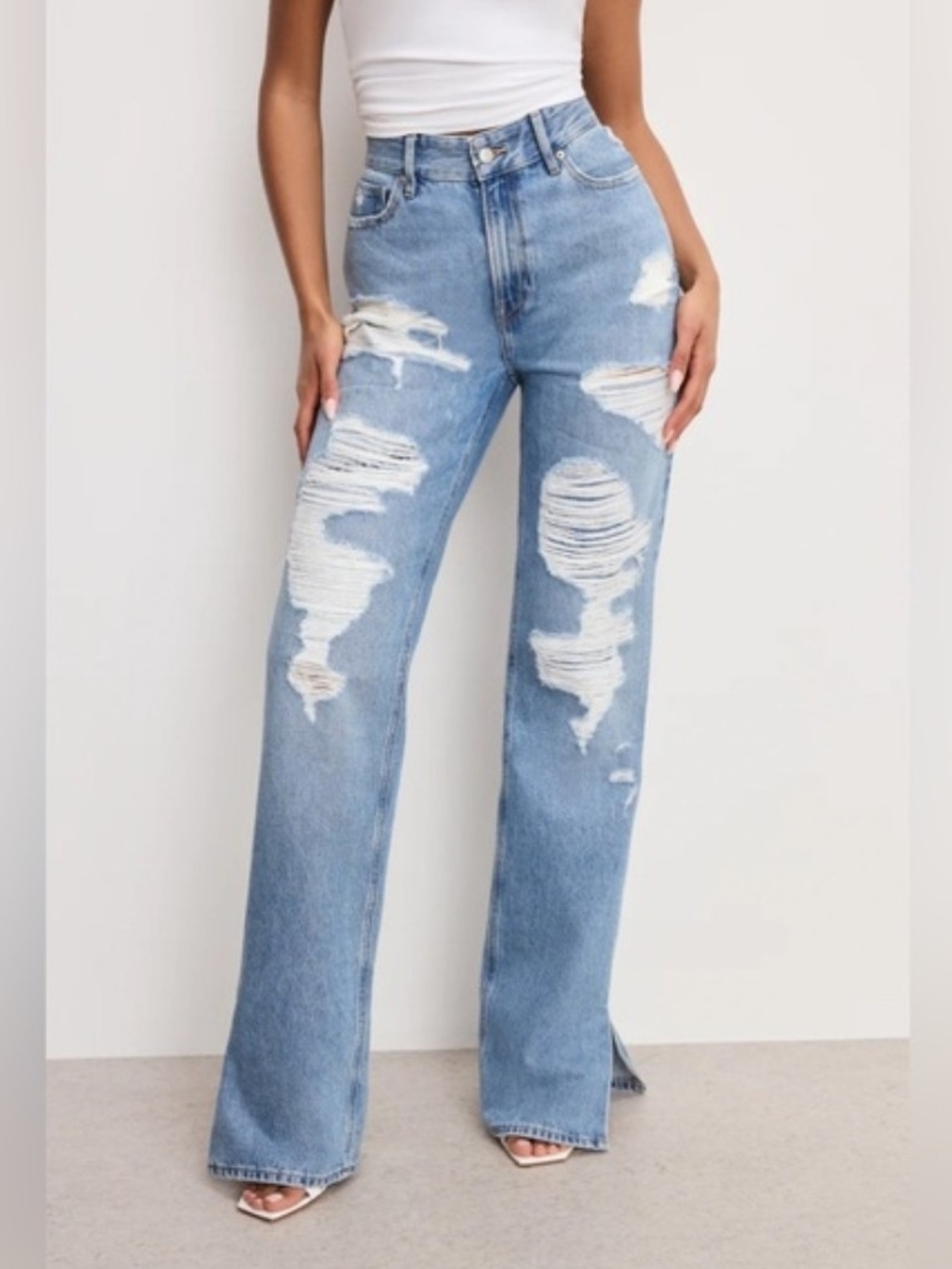 Khole Jean By Good American High-Rise Light Blue Distressed Wide-Leg Jeans